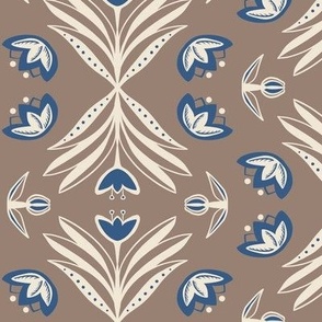 Folklore bohemian white and blue tulip ornaments on tan brown