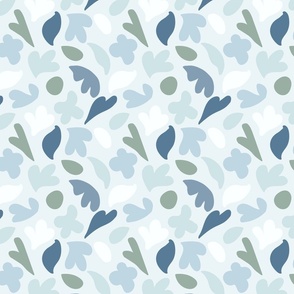 Simple Matisse Abstract Blobs- green, off white, dark blue and light blue over powder blue background. // Small Scale