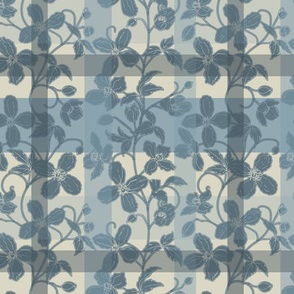 French linen Jacquard clematis, blue and bone-white - Medium scale