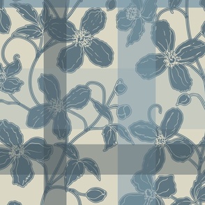 French linen Jacquard clematis blue and bone-white - Large scale