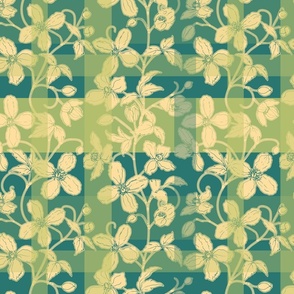 French linen Jacquard clematis butter caramel yellow and myrtle green - Medium scale