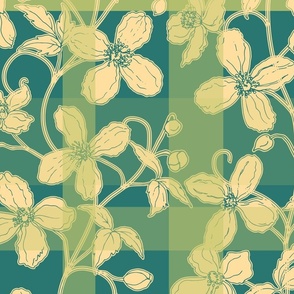 French linen Jacquard clematis butter caramel yellow and myrtle green - Large scale