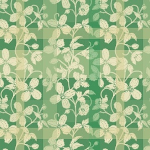 French linen Jacquard clematis Dutch white and sea green - Medium scale