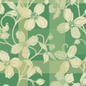 French linen Jacquard clematis Dutch white and sea green - Large scale