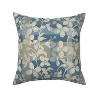 French linen Jacquard clematis bone-white and dark blue - Medium scale