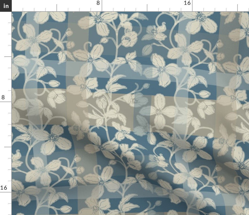 French linen Jacquard clematis bone-white and dark blue - Medium scale