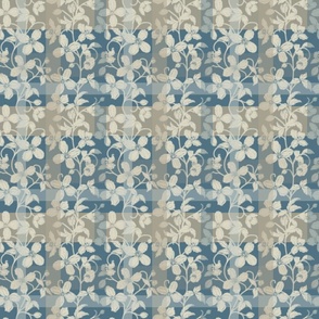 French linen Jacquard clematis bone-white and dark blue - Small scale