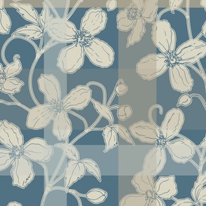 French linen Jacquard clematis bone-white and dark blue - Large scale