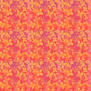 French linen Jacquard clematis pastel orange and luminous red - Small scale