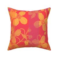 French linen Jacquard clematis pastel orange and luminous red - Large scale