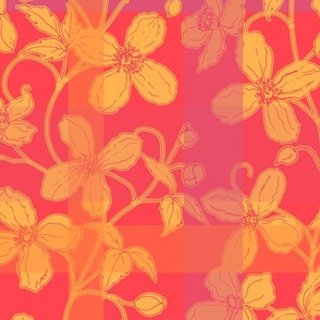French linen Jacquard clematis pastel orange and luminous red - Large scale