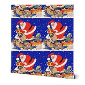 Santa Claus Merry Christmas, dark blue sky snow winter presents gifts toys dolls trees teddy bears, boats, yachts, aeroplanes, cars, houses football, duck, candy canes, books, rocking horse, learning cubes, clowns, colorful, red, white yellow green, vinta