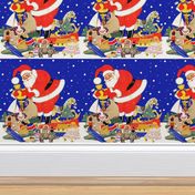 Santa Claus Merry Christmas, dark blue sky snow winter presents gifts toys dolls trees teddy bears, boats, yachts, aeroplanes, cars, houses football, duck, candy canes, books, rocking horse, learning cubes, clowns, colorful, red, white yellow green, vinta