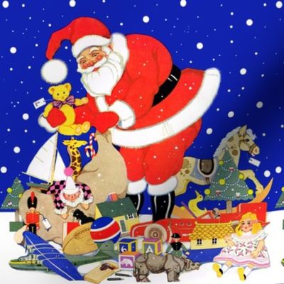 Santa Claus Merry Christmas, dark blue sky snow winter presents gifts toys dolls trees teddy bears, boats, yachts, aeroplanes, cars, houses football, duck, candy canes, books, rocking horse, learning cubes, clowns, colorful, red, white yellow green, vinta