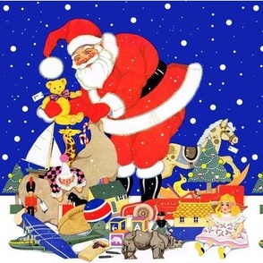 Santa Claus Merry Christmas, dark blue sky snow winter presents gifts toys dolls trees teddy bears, boats, yachts, aeroplanes, cars, houses football, duck, candy canes, books, rocking horse, learning cubes, clowns, colorful, red, white yellow green, vinta