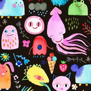 Cute monsters mash Multicolor Rainbow Black Jumbo Large