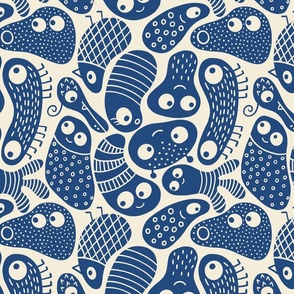 Cute Silly Blob Monsters - dark blue on cream - SHW1053 B -  large scale