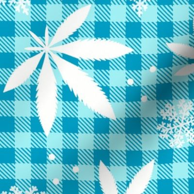 Large Scale Marijuana Snowstorm Cannabis Leaves and Snowflakes on Turquoise Gingham Checker