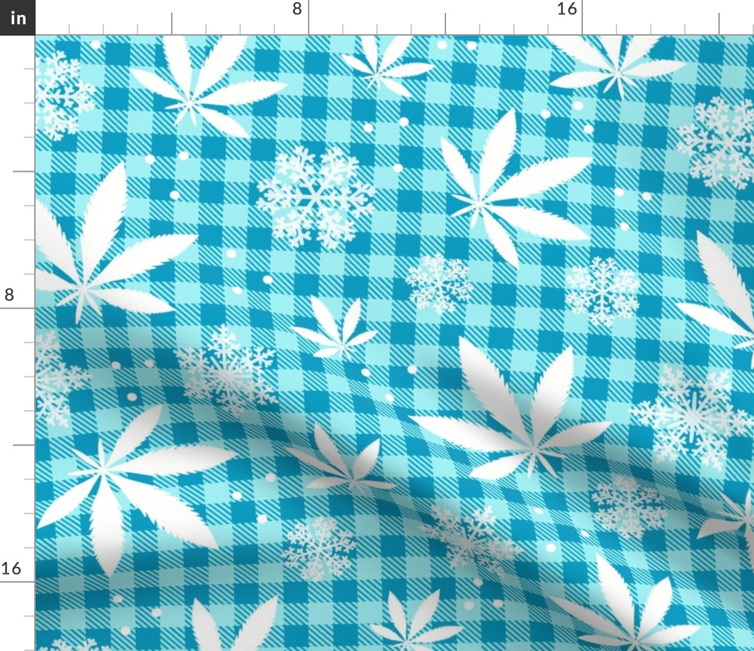 Large Scale Marijuana Snowstorm Cannabis Leaves and Snowflakes on Turquoise Gingham Checker