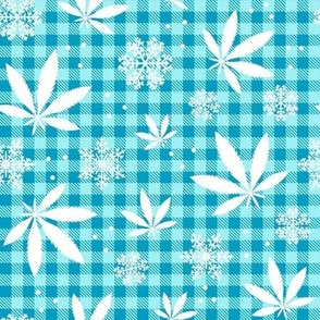 Medium Scale Marijuana Snowstorm Cannabis Leaves and Snowflakes on Turquoise Gingham Checker