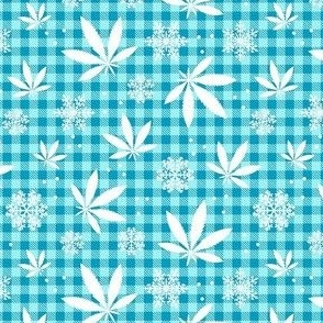 Small Scale Marijuana Snowstorm Cannabis Leaves and Snowflakes on Turquoise Gingham Checker