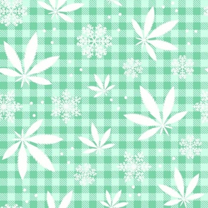 Large Scale Marijuana Snowstorm Cannabis Leaves and Snowflakes on Mint Green Gingham Checker
