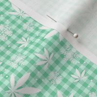 Small Scale Marijuana Snowstorm Cannabis Leaves and Snowflakes on Mint Green Gingham Checker