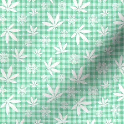 Small Scale Marijuana Snowstorm Cannabis Leaves and Snowflakes on Mint Green Gingham Checker
