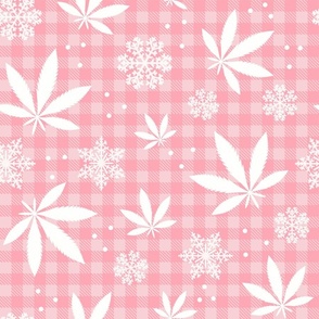 Large Scale Marijuana Snowstorm Cannabis Leaves and Snowflakes on Pink Gingham Checker