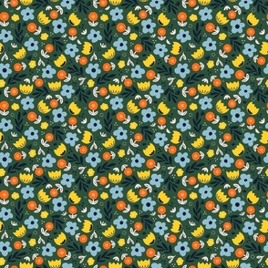 Folk Art Florals V1: Scandi Whimsical Widlflowers Folksy Florals in Green, Yellow, Blue and Orange - Small
