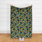 Folk Art Florals V1: Scandi Whimsical Widlflowers Folksy Florals in Green, Yellow, Blue and Orange - Large