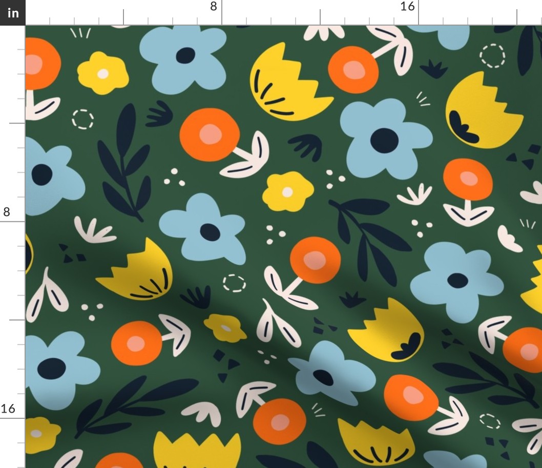Folk Art Florals V1: Scandi Whimsical Widlflowers Folksy Florals in Green, Yellow, Blue and Orange - Large