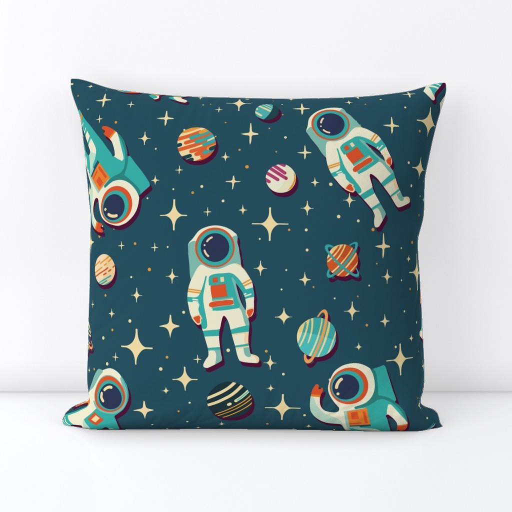Retro Space Travel - Astronauts in the cosmos in deep blue with planets and stars L