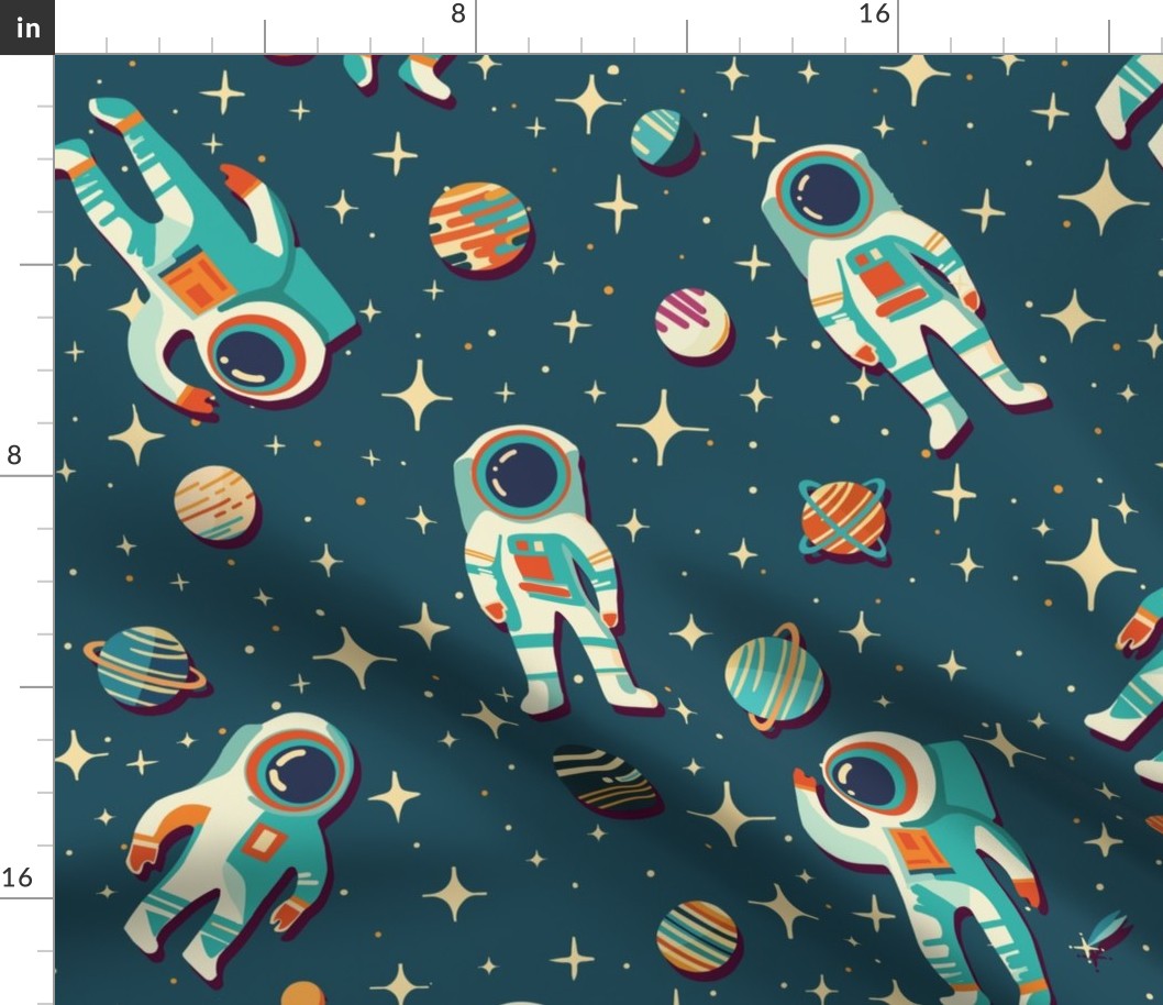 Retro Space Travel - Astronauts in the cosmos in deep blue with planets and stars L