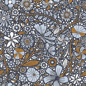 Maximalist bohemian floral pattern blue caramel