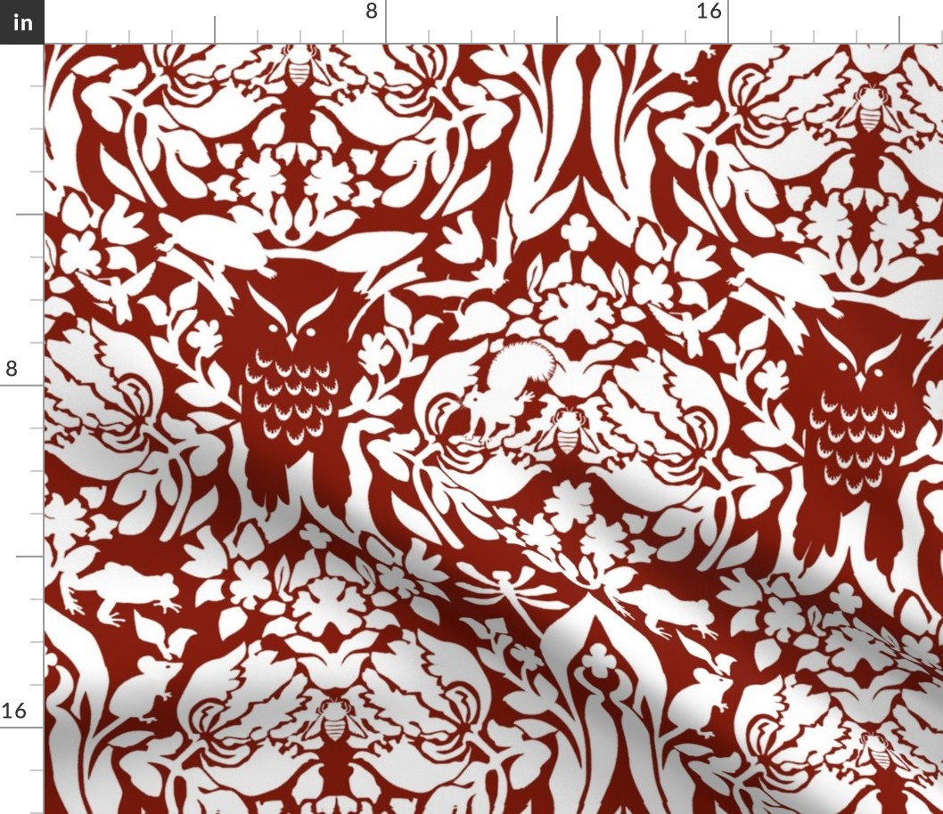 damask wild white on deep red