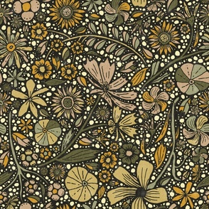 Maximalist bohemian floral pattern olive green yellow