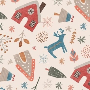 Cute folk-inspired houses, trees, abstract shapes, and animals amidst snowflakes, creamy white background, blue, red