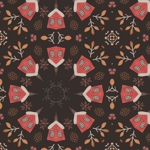 Stylized abstract houses and leaves on a dark background with snowflakes, warm colors for a winter theme, modern quilting fabric