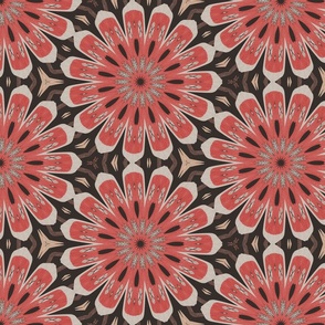 Bold Art Deco florals, large-scale coral and white blooms on dark brown