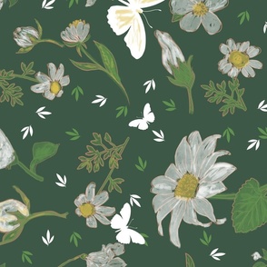White Flowers Butterflies On Dark Green table runner tablecloth napkin placemat dining pillow duvet cover throw blanket curtain drape upholstery cushion duvet cover wallpaper fabric living decor clothing shirt Fabric home decor kids by ara_designs
