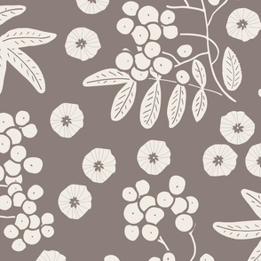 (XL) two-color design - white rowan berries with leaves and flowers on taupe grey