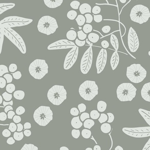(XL) two-color design - white rowan berries with leaves and flowers on ash grey