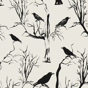 Jumbo Ravens on Fall Trees (Black and White)(24")