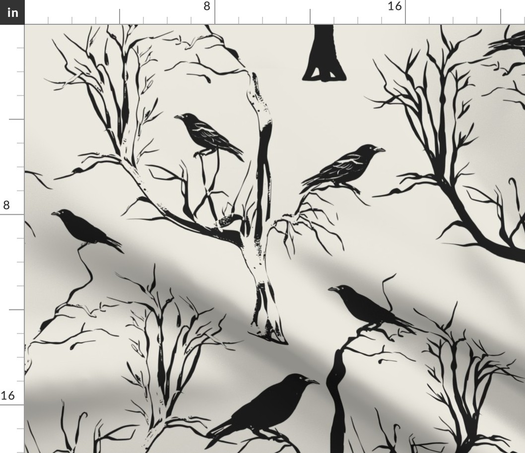 Jumbo Ravens on Fall Trees (Black and White)(24")