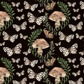 Mushroom Ferns Butterflies on Dark Background // Medium Scale