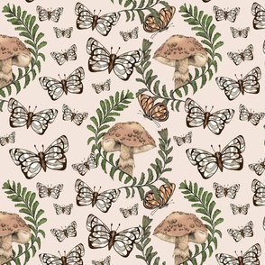 Mushroom Ferns Butterflies on Light Background // Medium Scale