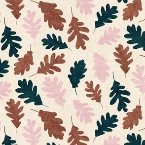 Blue, rust, pink oak leaves on cream background - large scale