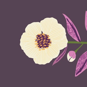 Cream Peony (dark purple ) tea towel - A sweet folky Peony flower design on a dark purple background.