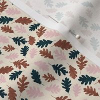 Blue, rust, pink oak leaves on cream background - small scale